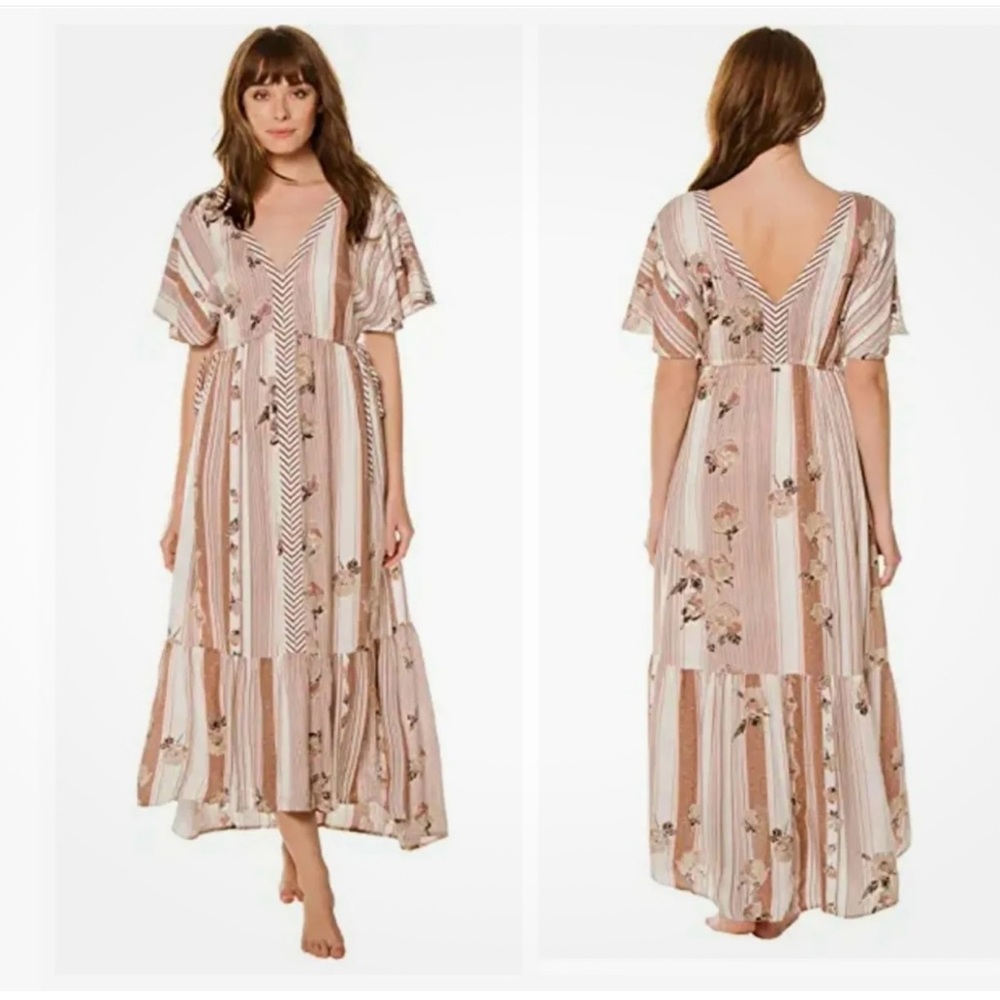 O’Neill Angie Cream Brown Boho Dress Hi-Low Floral Stripe Medium